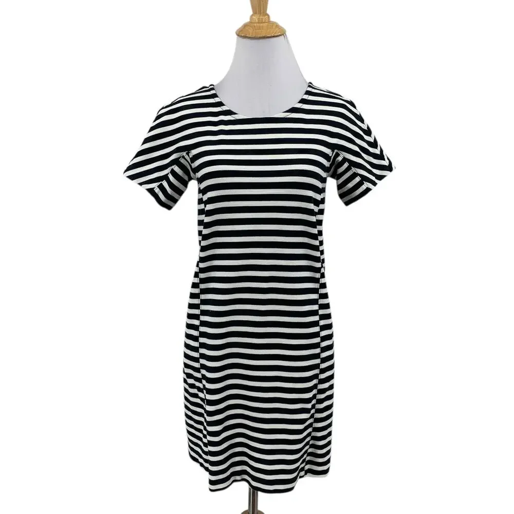 J Crew T Shirt Dress Women PXS Petite Black White Straight Short Sleeve Back Zip